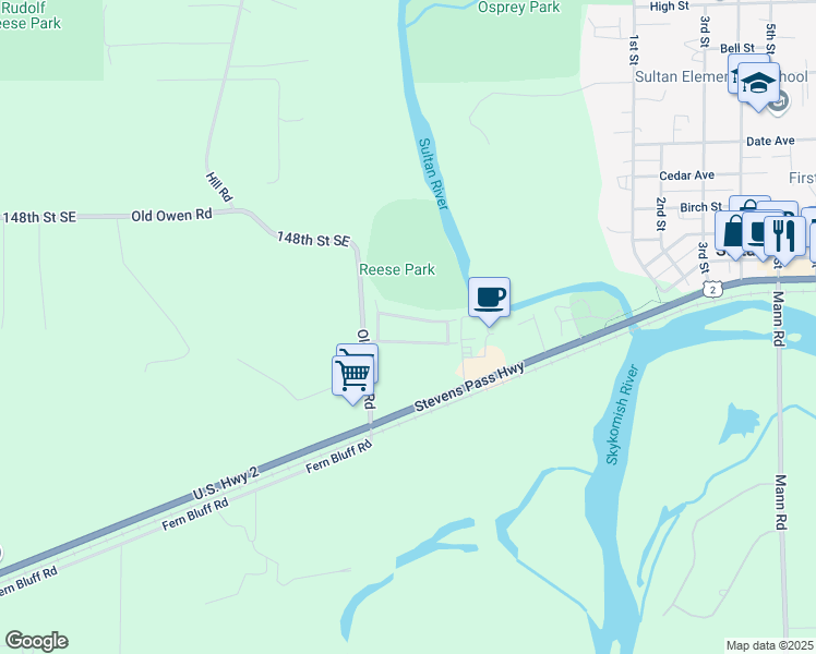 map of restaurants, bars, coffee shops, grocery stores, and more near 212 Old Owen Road in Sultan