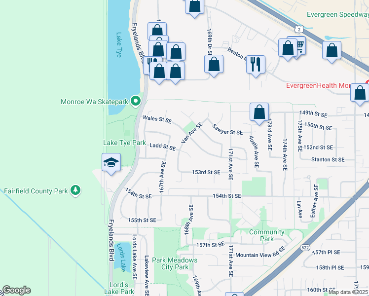 map of restaurants, bars, coffee shops, grocery stores, and more near 15087 Van Avenue Southeast in Monroe