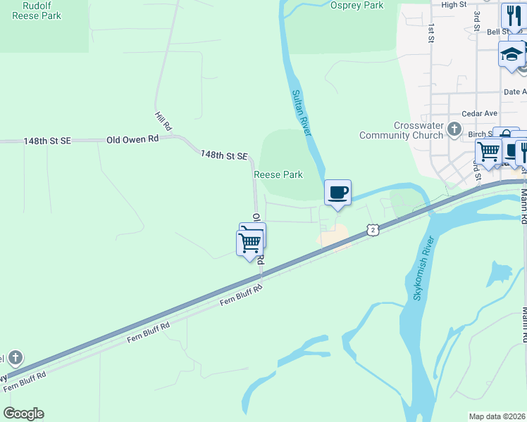 map of restaurants, bars, coffee shops, grocery stores, and more near 212 Old Owen Road in Sultan