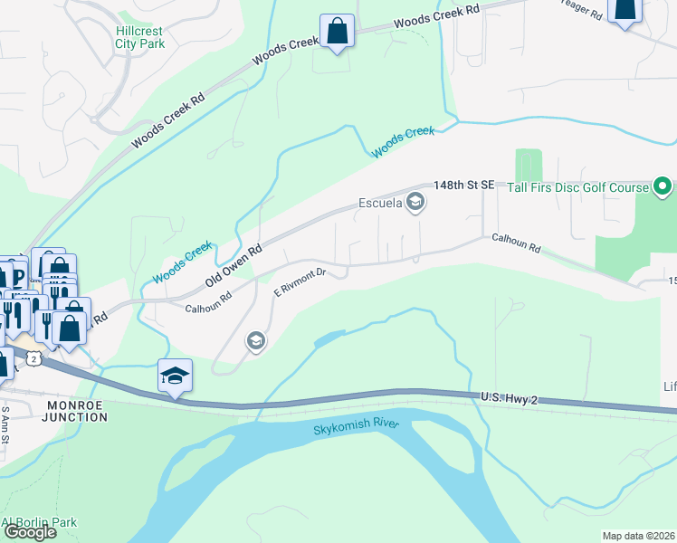 map of restaurants, bars, coffee shops, grocery stores, and more near 20983 West Rivmont Drive in Monroe