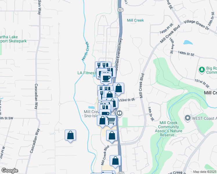 map of restaurants, bars, coffee shops, grocery stores, and more near 15117 Main Street in Mill Creek