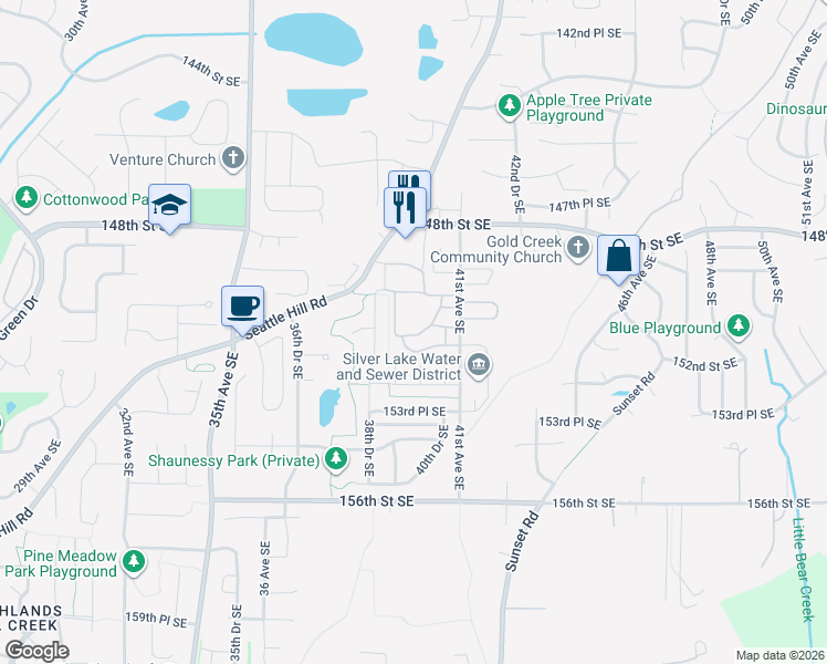 map of restaurants, bars, coffee shops, grocery stores, and more near 14915 38th Drive Southeast in Mill Creek