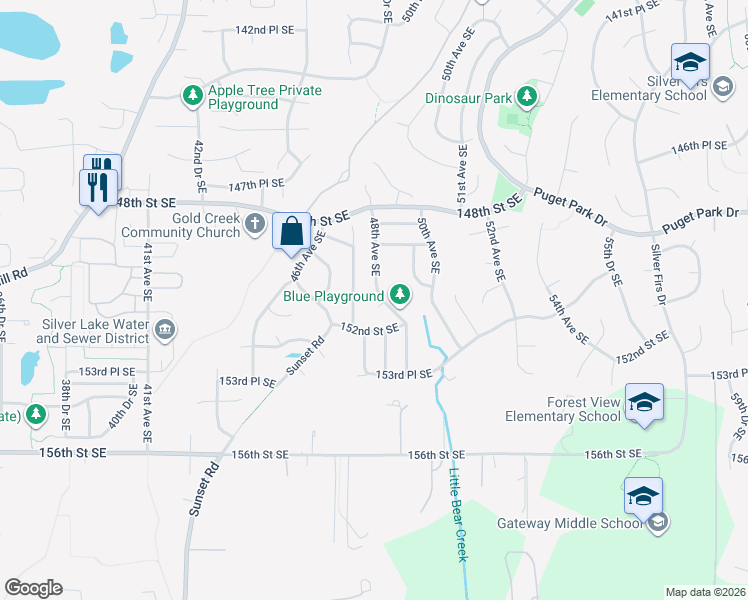 map of restaurants, bars, coffee shops, grocery stores, and more near 15106 48th Avenue Southeast in Everett