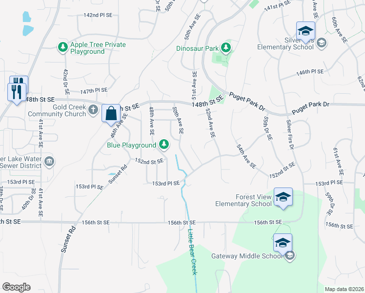 map of restaurants, bars, coffee shops, grocery stores, and more near 15108 51st Drive Southeast in Everett