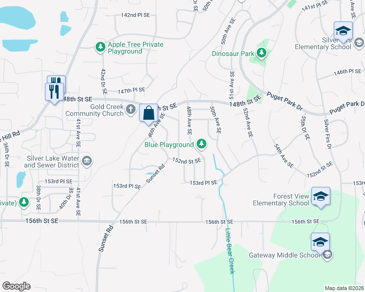 map of restaurants, bars, coffee shops, grocery stores, and more near 15106 48th Avenue Southeast in Everett