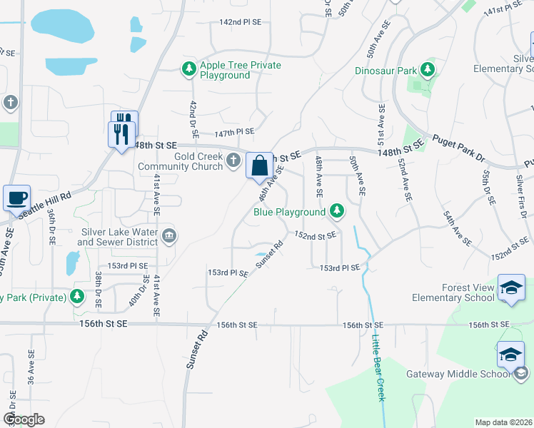 map of restaurants, bars, coffee shops, grocery stores, and more near 4622 150th Place Southeast in Everett