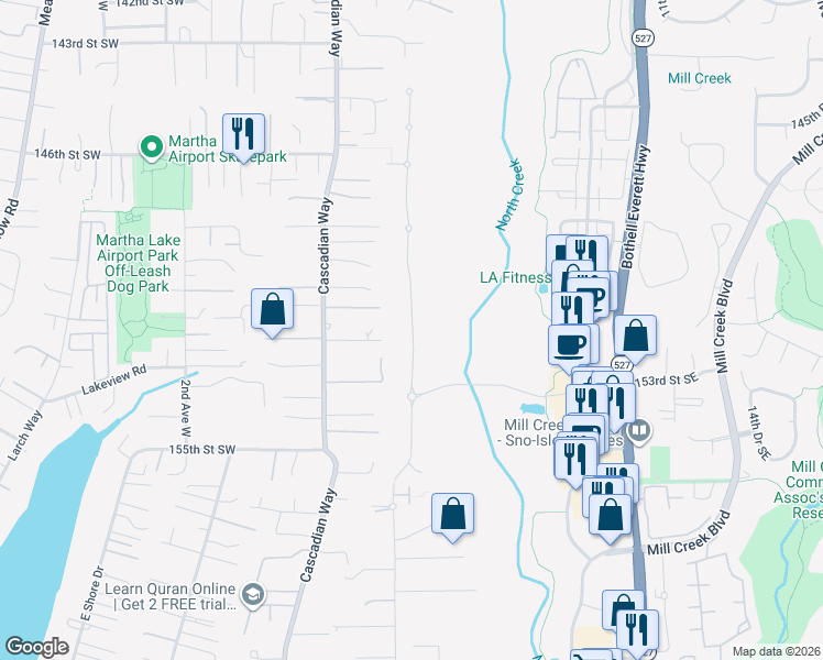 map of restaurants, bars, coffee shops, grocery stores, and more near 15122 3rd Drive Southeast in Lynnwood