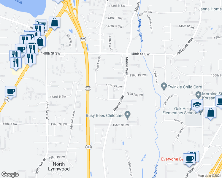 map of restaurants, bars, coffee shops, grocery stores, and more near 15211 28th Avenue West in Lynnwood