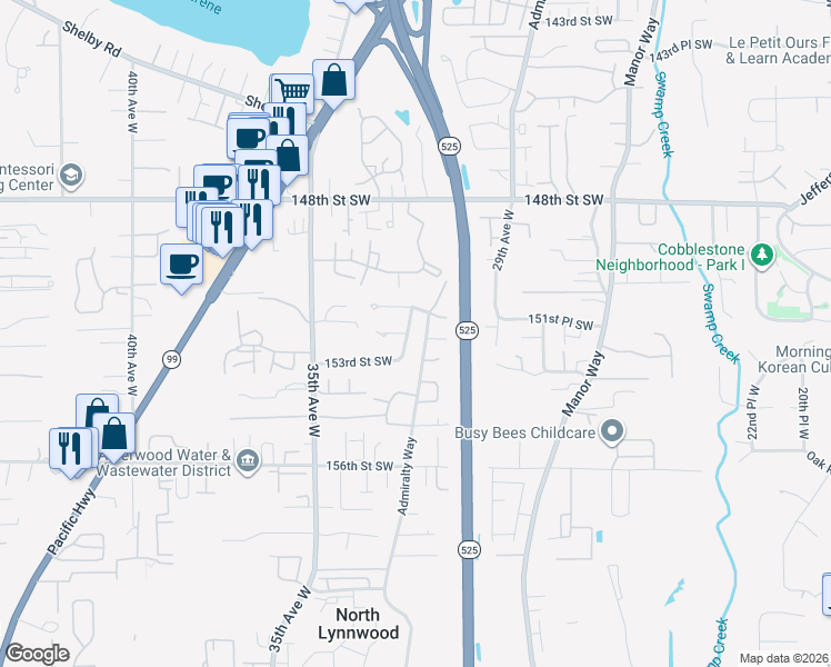 map of restaurants, bars, coffee shops, grocery stores, and more near 3214 152nd Street Southwest in Lynnwood