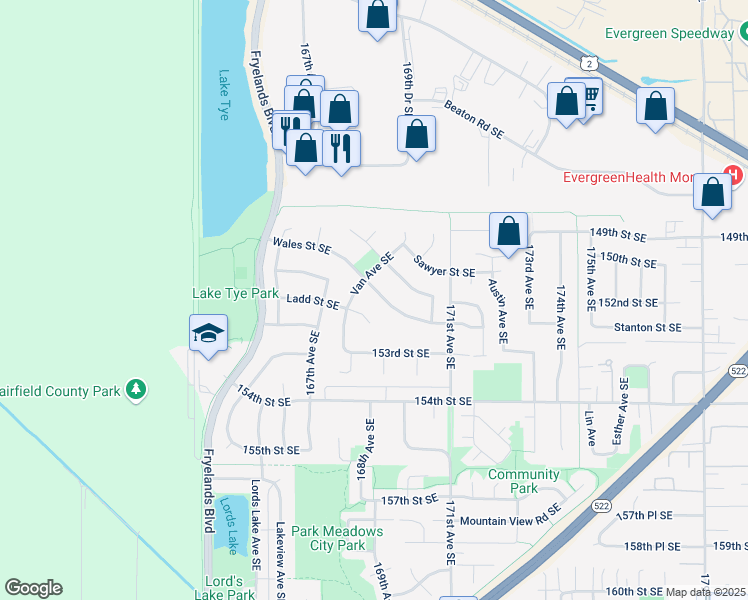 map of restaurants, bars, coffee shops, grocery stores, and more near 15087 Van Avenue Southeast in Monroe