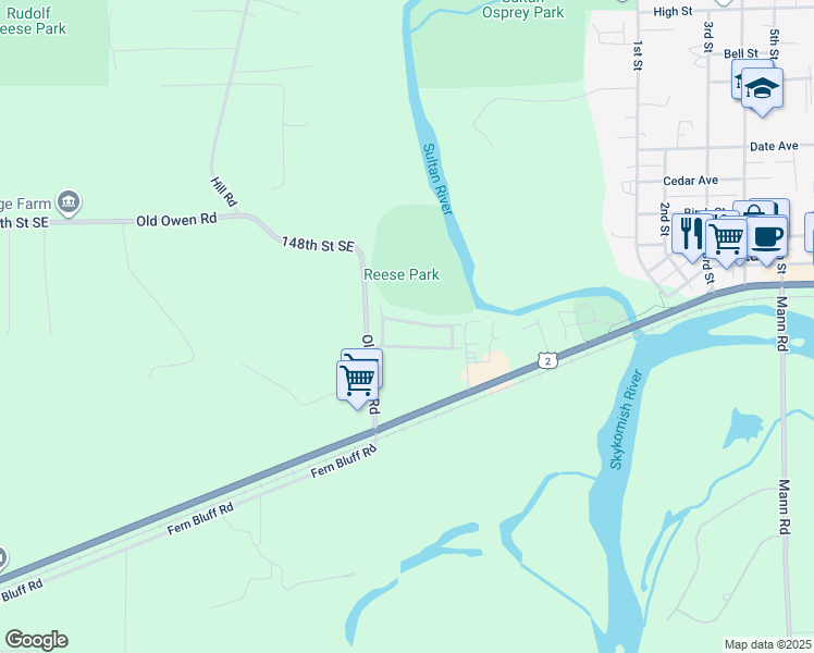 map of restaurants, bars, coffee shops, grocery stores, and more near 212 Old Owen Road in Sultan
