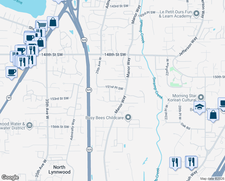 map of restaurants, bars, coffee shops, grocery stores, and more near 2714 151st Place Southwest in Lynnwood