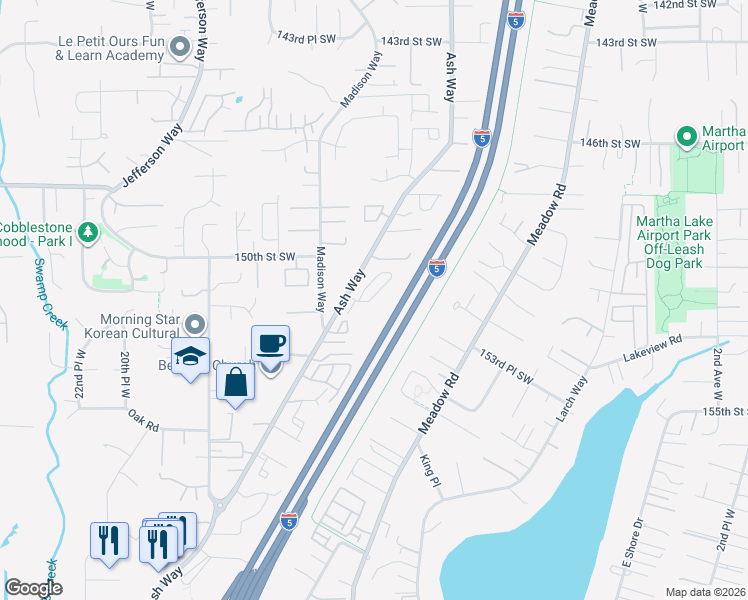 map of restaurants, bars, coffee shops, grocery stores, and more near 15023 13th Place West in Lynnwood