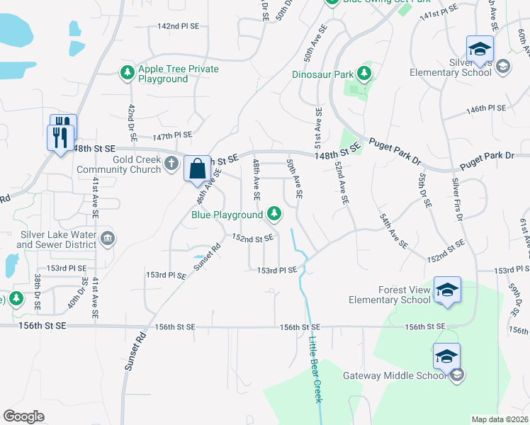 map of restaurants, bars, coffee shops, grocery stores, and more near 15106 48th Avenue Southeast in Everett