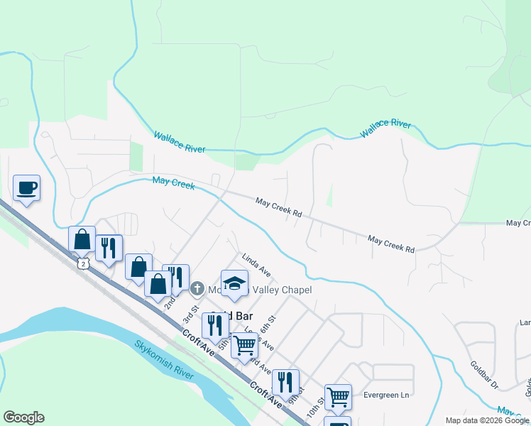 map of restaurants, bars, coffee shops, grocery stores, and more near 40008 May Creek Road in Gold Bar