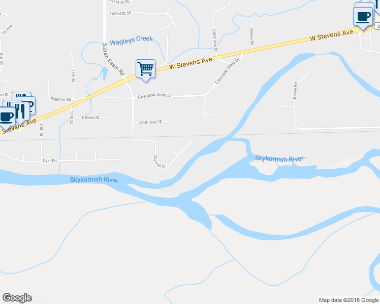map of restaurants, bars, coffee shops, grocery stores, and more near 1322 Skywall Drive in Sultan