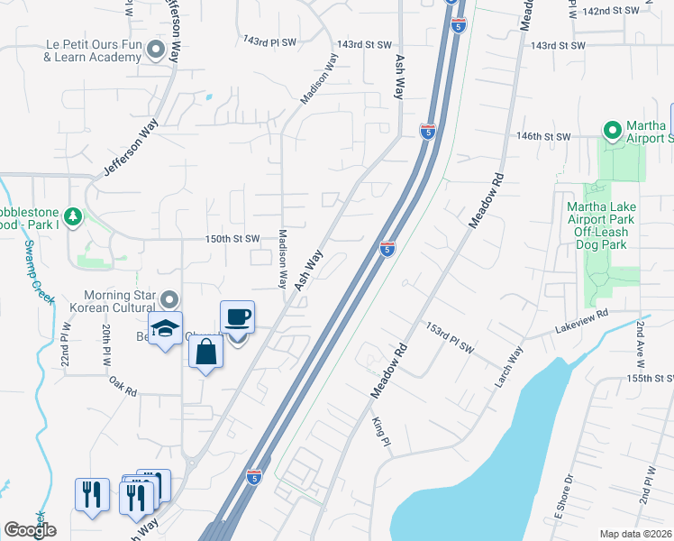 map of restaurants, bars, coffee shops, grocery stores, and more near 15021 12th Place West in Lynnwood