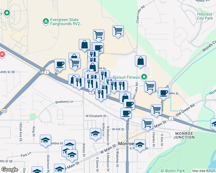 map of restaurants, bars, coffee shops, grocery stores, and more near in Monroe