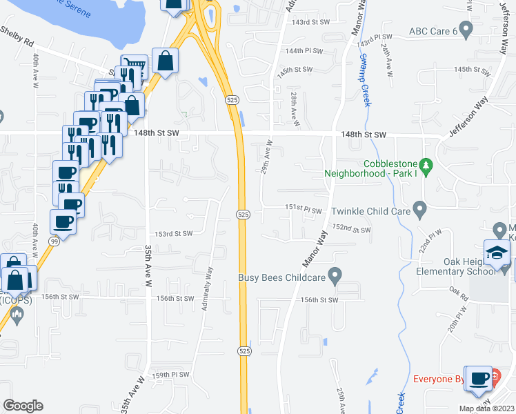 map of restaurants, bars, coffee shops, grocery stores, and more near 2923 153rd Street Southwest in Lynnwood