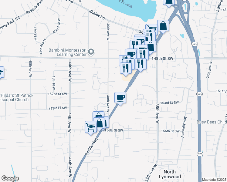 map of restaurants, bars, coffee shops, grocery stores, and more near in North Lynnwood