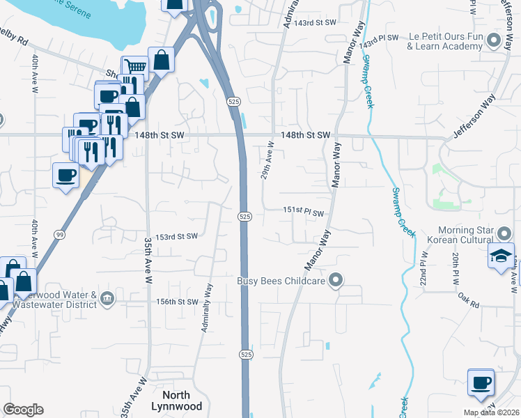 map of restaurants, bars, coffee shops, grocery stores, and more near 2718 151st Place Southwest in Lynnwood