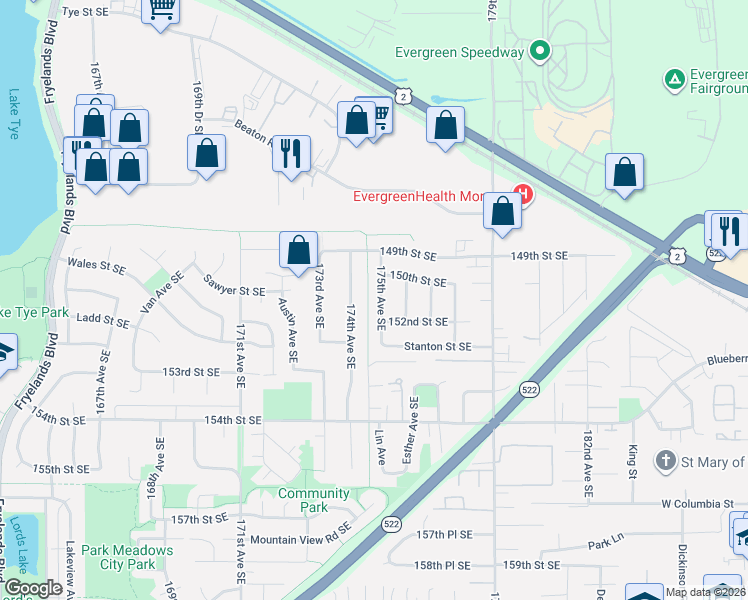 map of restaurants, bars, coffee shops, grocery stores, and more near 15114 175th Avenue Southeast in Monroe
