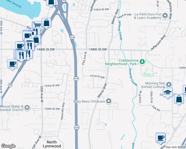 map of restaurants, bars, coffee shops, grocery stores, and more near 15010 Old Manor Way in Lynnwood