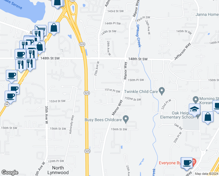 map of restaurants, bars, coffee shops, grocery stores, and more near 2727 151st Place Southwest in Lynnwood