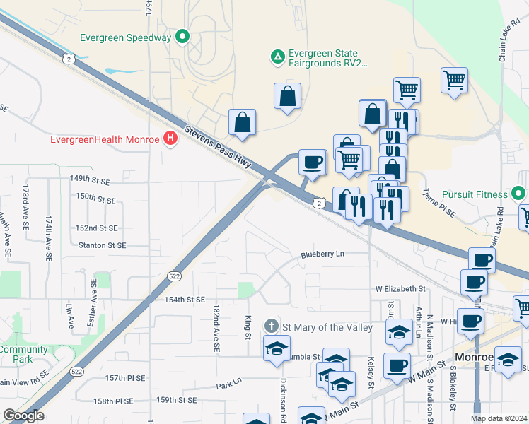 map of restaurants, bars, coffee shops, grocery stores, and more near 18621 Blueberry Lane in Monroe