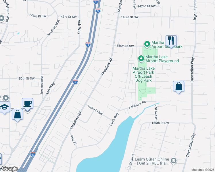map of restaurants, bars, coffee shops, grocery stores, and more near 721 151st Street Southwest in Lynnwood