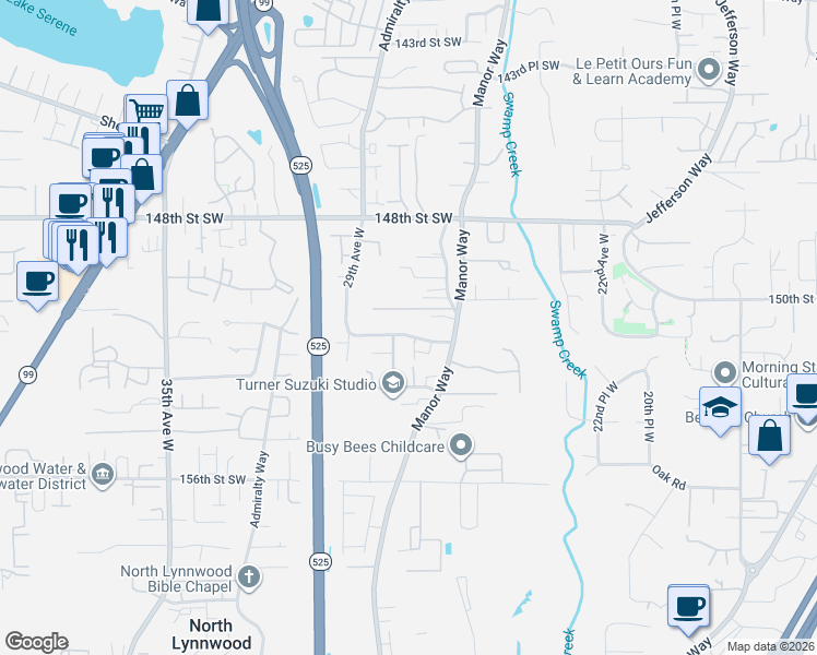 map of restaurants, bars, coffee shops, grocery stores, and more near 15010 Old Manor Way in Lynnwood