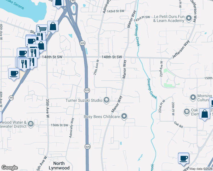 map of restaurants, bars, coffee shops, grocery stores, and more near 15010 Old Manor Way in Lynnwood