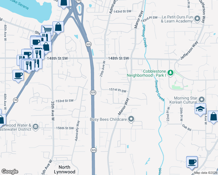 map of restaurants, bars, coffee shops, grocery stores, and more near 15022 Old Manor Way in Lynnwood