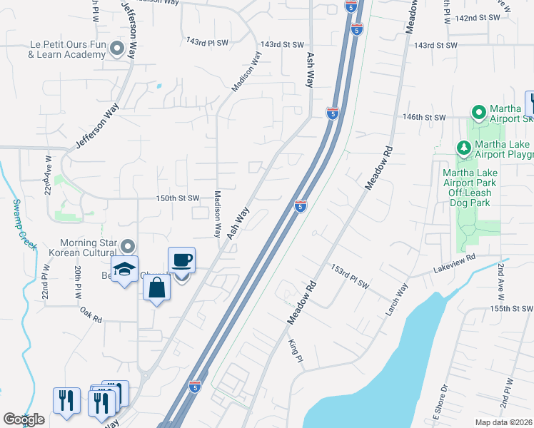 map of restaurants, bars, coffee shops, grocery stores, and more near 15908 12th Place West in Lynnwood