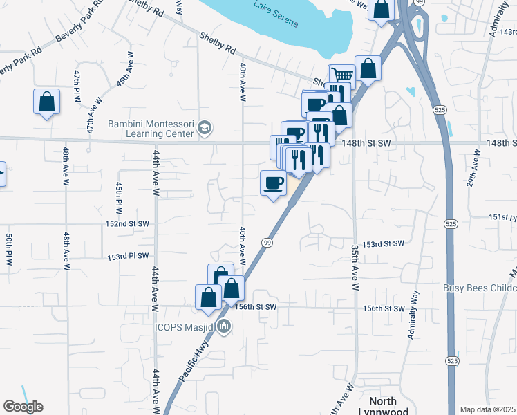 map of restaurants, bars, coffee shops, grocery stores, and more near 15113 40th Avenue West in Lynnwood