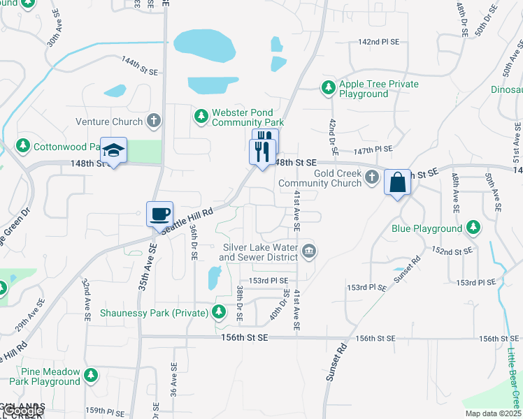 map of restaurants, bars, coffee shops, grocery stores, and more near 14915 38th Drive Southeast in Mill Creek