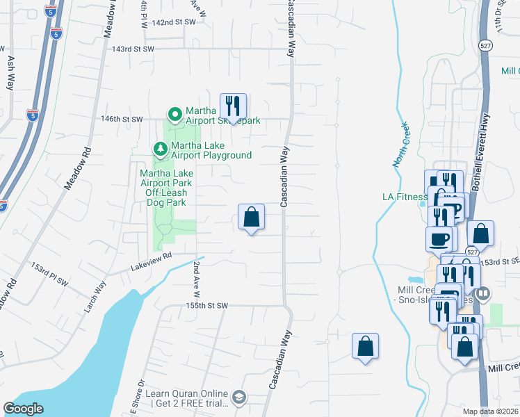 map of restaurants, bars, coffee shops, grocery stores, and more near 15004 Cascadian Way in Lynnwood