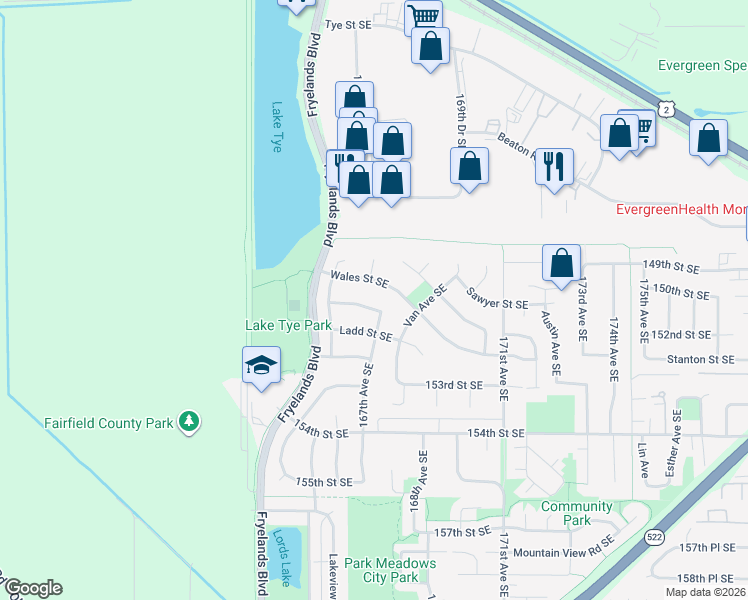 map of restaurants, bars, coffee shops, grocery stores, and more near 16706 Wales Street Southeast in Monroe