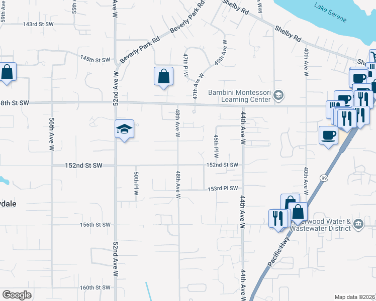 map of restaurants, bars, coffee shops, grocery stores, and more near 15104 46th Place West in Lynnwood