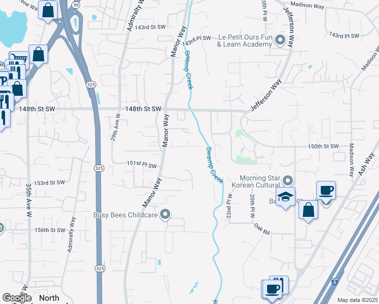 map of restaurants, bars, coffee shops, grocery stores, and more near 2424 150th Place Southwest in Lynnwood