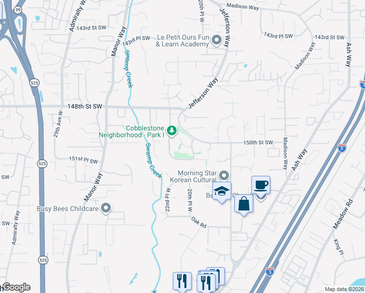 map of restaurants, bars, coffee shops, grocery stores, and more near 2113 150th Place Southwest in Lynnwood