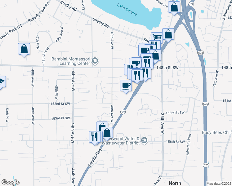 map of restaurants, bars, coffee shops, grocery stores, and more near 15023 40th Avenue West in Lynnwood