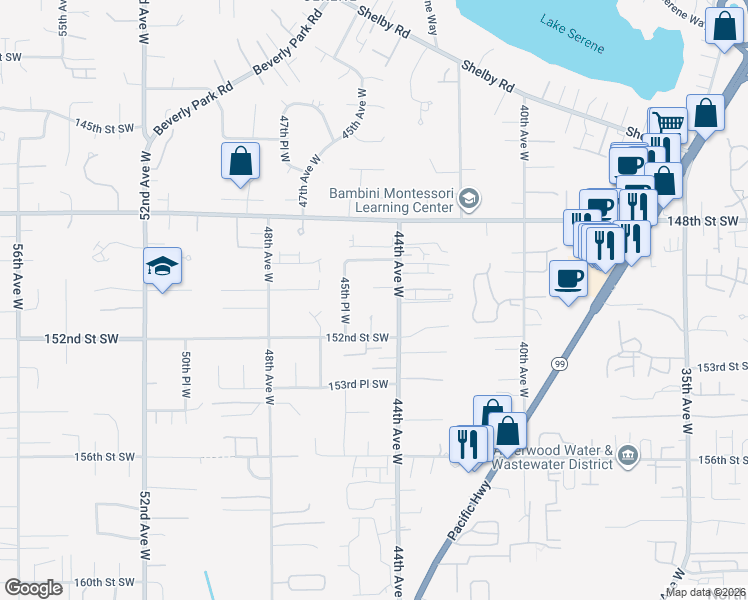 map of restaurants, bars, coffee shops, grocery stores, and more near 15024 44th Avenue West in Lynnwood