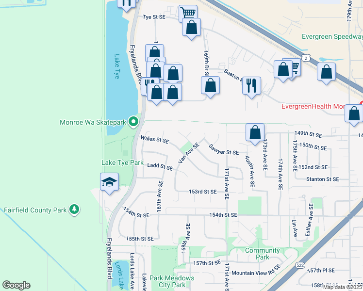 map of restaurants, bars, coffee shops, grocery stores, and more near 16779 Wales Street Southeast in Monroe