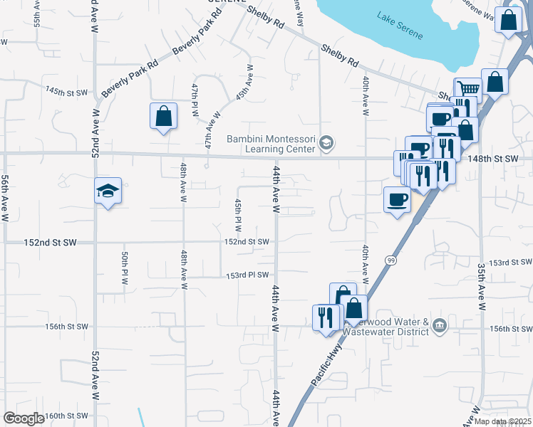 map of restaurants, bars, coffee shops, grocery stores, and more near 15024 44th Avenue West in Lynnwood