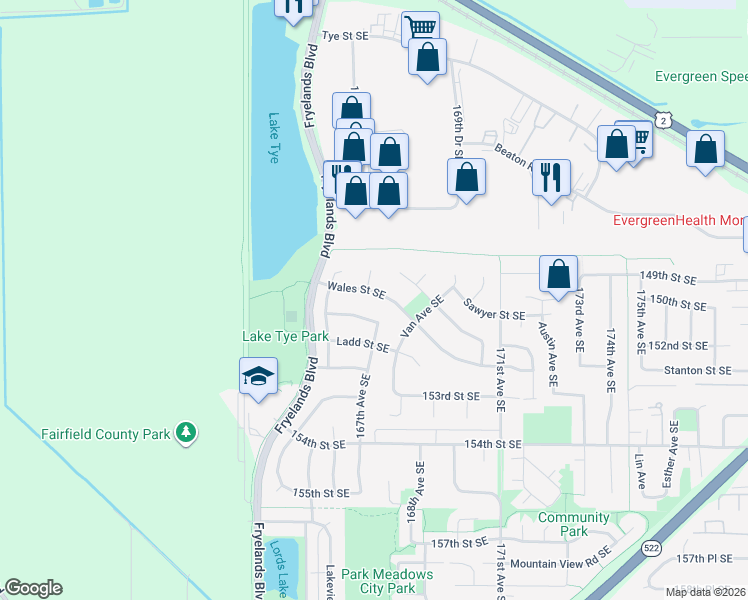 map of restaurants, bars, coffee shops, grocery stores, and more near 16706 Wales Street Southeast in Monroe