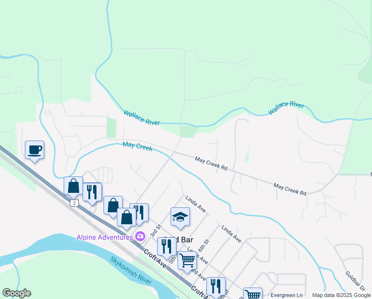 map of restaurants, bars, coffee shops, grocery stores, and more near 105 May Creek Rd in Gold Bar