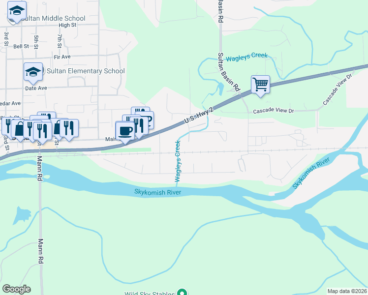 map of restaurants, bars, coffee shops, grocery stores, and more near 108 10th Street in Sultan