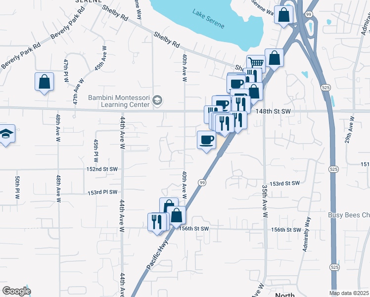 map of restaurants, bars, coffee shops, grocery stores, and more near 15003 40th Avenue West in Lynnwood