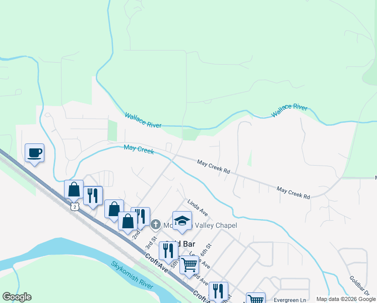 map of restaurants, bars, coffee shops, grocery stores, and more near 105 May Creek Road in Gold Bar